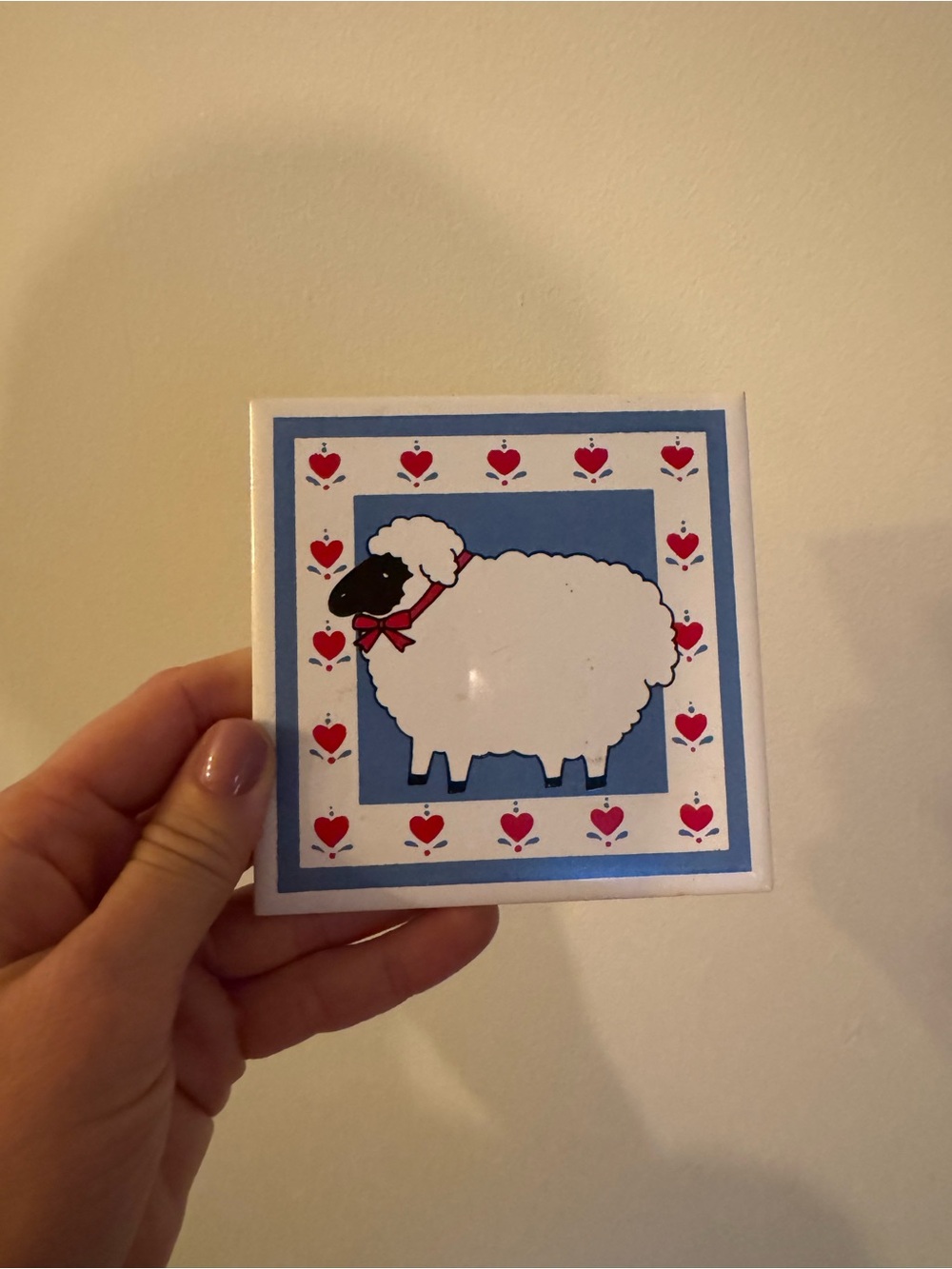 Vintage 1984 Blue White Red Sheep Tile Trivet Coaster